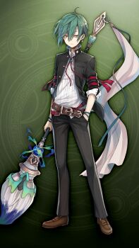 1boy belt black_jacket blue_gem brown_belt buttons earrings full_body gem gold_buttons green_background green_hair hair_between_eyes hand_in_pocket high_collar holding holding_paintbrush jacket jewelry looking_at_viewer male_focus open_clothes open_jacket paintbrush school_uniform shirt short_hair solo standing white_shirt yellow_eyes