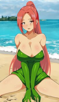1girl a-kiraa_(whisper) bare_shoulders beach breasts cleavage collarbone commentary_request commission dress elbow_gloves gloves highres long_hair looking_at_viewer open_mouth ponytail short_dress shynesslady skeb_commission solo star_ocean star_ocean:_the_second_story strapless very_long_hair