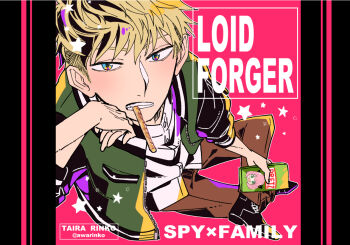 Rule 34 | 1boy, anya (spy x family), awarinko, black shoes, blonde hair, blue eyes, brown pants, character name, copyright name, food in mouth, green jacket, jacket, letterman jacket, looking at viewer, male focus, mouth hold, open clothes, open jacket, pants, shirt, shoes, solo, spy x family, twilight (spy x family), twitter username, white shirt