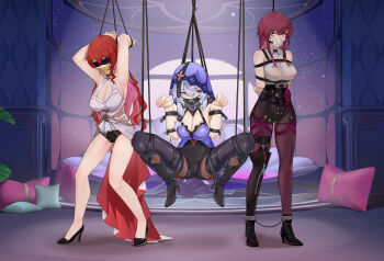3girls absurdres ball_gag black_boots black_swan_(honkai:_star_rail) blindfold boots bound breasts chinese_commentary cleavage commentary_request commission dress gag high_heel_boots high_heels highres himeko_(honkai:_star_rail) honkai:_star_rail honkai_(series) impactinjury improvised_gag indoors kafka_(honkai:_star_rail) multiple_girls pantyhose pink_eyes purple_hair purple_pantyhose red_eyes red_hair restrained standing tape tape_gag white_dress