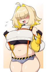Rule 34 | 1girl, absurdres, ahoge, black gloves, black sports bra, blonde hair, border, breasts, crop top, cropped sweater, daigada, elegg (nikke), fang, flying sweatdrops, gloves, goddess of victory: nikke, gradient background, grey shorts, hair intakes, hair over eyes, highres, inset border, large breasts, long bangs, micro shorts, multicolored clothes, multicolored gloves, navel, open mouth, plump, shaded face, short hair, shorts, skin fang, smile, solo, sports bra, suspender shorts, suspenders, sweat, sweatdrop, thick thighs, thighs, white background, white border, yellow background, yellow gloves