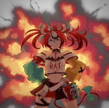 1girl :3 animal_ears black_hair blue_eyes bow breasts cheese cleavage collar commentary dice_hair_ornament english_commentary explosion food gloves hair_between_eyes hair_ornament hakos_baelz hakos_baelz_(1st_costume) hands_on_own_hips highres hololive hololive_english jewelry key key_necklace long_hair looking_at_viewer mouse_ears mouse_girl mouse_on_head mouse_tail mousetrap multicolored_hair navel necklace red_hair shirt single_glove skirt smile smug solo soshu_(soshuscribbles) spiked_collar spikes standing streaked_hair tail tail_bow tail_ornament twintails virtual_youtuber white_hair