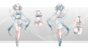 1girl absurdres alternate_costume aqua_bikini aqua_coat aqua_ribbon bare_shoulders bikini breasts chinese_commentary cleavage coat commentary_request grey_eyes hair_ribbon hair_rings hand_up highres jinhsi_(wuthering_waves) long_hair looking_at_viewer medium_breasts multiple_views off_shoulder official_style partially_unbuttoned reference_sheet ribbon sandals see-through_clothes see-through_coat swimsuit tacet_mark_(wuthering_waves) twintails very_long_hair white_hair wuthering_waves zelphal