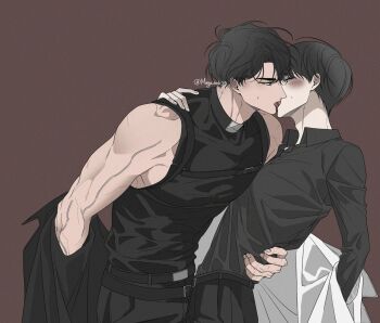 2boys abs armpits black_coat black_hair black_shirt blush coat coat_partially_removed commentary_request crew_neck hand_on_another&#039;s_shoulder hand_on_another&#039;s_waist kim_dokja kiss korean_commentary looking_at_another maga_mok23 multiple_boys muscular muscular_male omniscient_reader&#039;s_viewpoint pectorals shirt short_hair sleeveless sleeveless_shirt sweatdrop white_coat yaoi yoo_joonghyuk