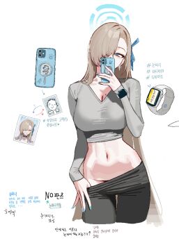 1girl anyak05 asuna_(blue_archive) blonde_hair blue_archive blue_halo blue_nails breasts cellphone cleavage clothes_pull collarbone commentary doodle_sensei_(blue_archive) earrings english_commentary grey_pants grey_shirt groin hair_over_one_eye hair_ribbon halo highres jewelry korean_text large_breasts long_hair long_sleeves looking_at_object mirror_selfie mole mole_on_breast navel pants pants_pull phone ribbon selfie sensei_(blue_archive) shirt smartwatch solo translation_request very_long_hair watch wristwatch