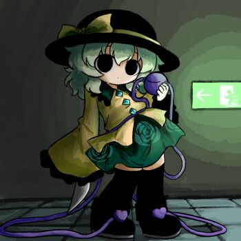 Rule 34 | 1girl, black boots, black eyes, black hat, boots, bow, buttons, commentary request, deformed, diamond button, empty eyes, exit sign, eyeball, floral print, frilled shirt collar, frilled sleeves, frills, full body, green hair, green skirt, hat, hat bow, heripantomorrow, holding, holding knife, knife, komeiji koishi, long sleeves, looking at viewer, print skirt, rose print, shirt, skirt, solo, third eye, touhou, wide sleeves, yellow bow, yellow shirt