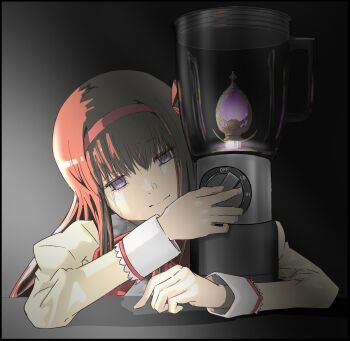 Rule 34 | 1girl, akemi homura, akemi homura (magical girl), black background, black eyes, black hair, blender (object), crying, grief seed, hairband, highres, imminent suicide, long hair, mahou shoujo madoka magica, sad, simple background, solo, table, takeraka, tears