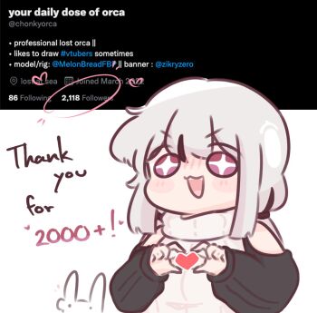 +_+ 1girl :d artist_self-insert black_hair blush blush_stickers breasts chonkyorca clothing_cutout commentary english_text grey_hair hands_up heart heart_hands highres long_hair low_twintails medium_breasts milestone_celebration multicolored_hair nose_blush open_mouth orca_(chonkyorca) original purple_eyes ribbed_sweater shoulder_cutout smile streaked_hair sweater symbol-only_commentary turtleneck turtleneck_sweater twintails twitter v-shaped_eyebrows white_background white_sweater