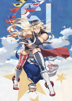 1girl absurdres american_flag american_flag_legwear american_flag_print blonde_hair blue_eyes blue_sky breasts cleavage cloud commentary dixie_cup_hat elbow_gloves english_commentary fingerless_gloves flag_print front-tie_top garter_straps gloves gluteal_fold hair_between_eyes hat headgear highres iowa_(kancolle) iowa_state_flag kantai_collection large_breasts long_hair looking_at_viewer military_hat signal_flag skirt sky smile star-shaped_pupils star_(symbol) striped_clothes striped_skirt striped_thighhighs symbol-shaped_pupils thighhighs tongue tongue_out vertical-striped_clothes vertical-striped_skirt vertical-striped_thighhighs victory_(dog) ye_fan