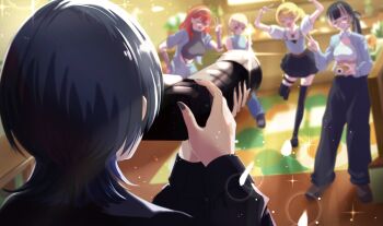 Rule 34 | 5girls, :d, arms up, black hair, blonde hair, blue hair, blue nails, blue shirt, blurry, blurry background, camera, closed eyes, crop top, depth of field, facing away, from behind, glasses, grey hair, hands up, highres, hiodoshi ao, holding, holding camera, hololive, hololive dev is, ichijou ririka, indoors, jacket, jewelry, juufuutei raden, light particles, long hair, long sleeves, medium hair, multicolored hair, multiple girls, necklace, one eye closed, open clothes, open jacket, open mouth, otonose kanade, pants, purple hair, red hair, regloss (hololive), rug, sawari 66, shirt, shoes, short hair, short sleeves, skirt, sleeveless, sleeveless shirt, smile, sparkle, standing, standing on one leg, streaked hair, taking picture, thigh strap, thighhighs, todoroki hajime, two-tone hair, v, virtual youtuber, wooden floor