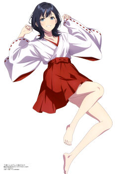 Rule 34 | 1girl, absurdres, anifar inc., anime coloring, barefoot, black hair, blue eyes, breasts, chitose-kun wa ramune bin no naka, cleavage, collarbone, copyright name, copyright notice, full body, grin, hakama, hakama short skirt, hakama skirt, highres, japanese clothes, kosode, looking at viewer, lying, magazine scan, medium hair, megami magazine, nanase yuzuki, nontraditional miko, official art, on back, pleated skirt, red skirt, ribbon-trimmed sleeves, ribbon trim, scan, simple background, skirt, smile, solo, third-party source, white background, wide sleeves