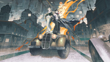 2girls absurdres antique_car bag bare_shoulders beryl_bouanich black_cloak black_hat black_pants black_shoes blonde_hair blue_coat blue_eyes blue_neckerchief brown_bag brume_(reverse:1999) building car city cloak coat crescent crescent_earrings crystal_earrings dragonfly_hair_ornament dress earrings european_architecture fire floating_earrings grin hat highres jewelry localized_gravity long_dress long_hair looking_at_viewer mismatched_earrings motor_vehicle multiple_girls neckerchief newsboy_cap off_shoulder on_car open_clothes open_coat outdoors pants reverse:1999 shoes short_hair shoulder_bag smile snafu_shatan_sizhe standing tank_top tied_tank_top white_dress white_tank_top wide_shot yellow_eyes