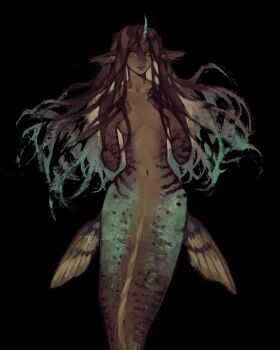 1girl absurdres blue_hair brown_hair colored_tips dark-skinned_female dark_skin floating_hair hands_up highres horns looking_at_viewer mermaid monster_girl multicolored_hair nude orange_eyes original pointy_ears scales single_horn smile solo twulfs