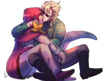 Rule 34 | 1boy, 1girl, black boots, blonde hair, blue tail, bob cut, boots, capelet, checkered sweater, closed eyes, couple, diego brando, dinosaur tail, dress, flower, flower ornament, green sweater, grey pants, grey shirt, hetero, hot pants (sbr), hug, jojo no kimyou na bouken, kiss, long sleeves, medium hair, no headwear, pants, pink dress, poselenets, purple shoes, red capelet, red hair, shirt, shoes, short hair, sitting, smile, stand (jojo), steel ball run, sweater, tail, turtleneck, turtleneck sweater, white background, yellow flower