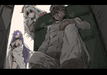 1boy 2girls azur_lane black_hair black_one-piece_swimsuit blush breasts commander_(azur_lane) commentary_request covered_eyes eye_mask faceless faceless_male flower gloves glowing glowing_eye gueeer315 hair_flower hair_ornament heavy_breathing hiding krasny_kavkaz_(azur_lane) large_breasts long_hair mask military_uniform mogador_(azur_lane) mogador_(locker_room_lechery)_(azur_lane) multiple_girls naval_uniform official_alternate_costume one-piece_swimsuit purple_hair red_gloves shaded_face short_hair smile sweat swimsuit very_long_hair white_flower white_hair