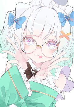 Rule 34 | 1girl, absurdres, adjusting eyewear, ahoge, berrychan00, bespectacled, black bow, blue bow, blue eyes, bow, detached collar, detached sleeves, dress, eyelashes, frilled sleeves, frills, glasses, gradient hair, green dress, green hair, grey hair, hair bow, hair intakes, hair ornament, highres, indie virtual youtuber, long sleeves, looking at viewer, maid headdress, mint fantome, mint fantome (minto 2.0), multicolored hair, simple background, solo, tongue, tongue out, virtual youtuber, white background, x hair ornament