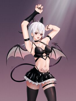 1girl absurdres ahoge alternate_costume arm_strap armpits arms_up bare_shoulders belt black_horns black_nails black_skirt black_thighhighs breasts claw_pose cleavage commentary_request curled_horns earrings fingernails hair_between_eyes highres horns jewelry key_earrings large_breasts long_fingernails looking_at_viewer nail_polish navel open_mouth pubic_tattoo red_eyes sharp_fingernails skirt solo stomach tattoo thigh_belt thigh_strap thighhighs thighs utim wuthering_waves zani_(wuthering_waves)