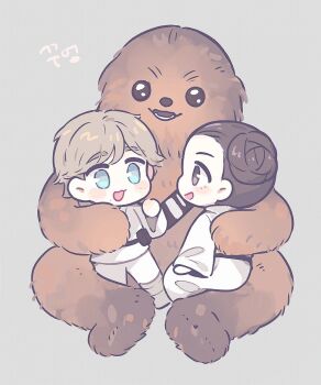 1girl 2boys belt blue_eyes brother_and_sister brown_eyes brown_hair chewbacca grey_background luke_skywalker mole mole_under_eye multiple_boys munynyann open_mouth princess_leia siblings simple_background star_wars star_wars:_a_new_hope