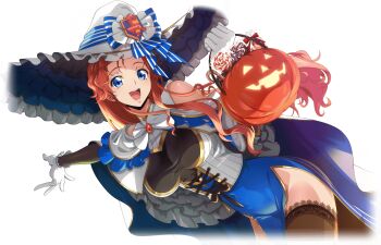 1girl arm_up artist_request bare_shoulders black_thighhighs blue_bow blue_cape blue_eyes blue_ribbon blue_skirt bow breasts brooch candy candy_cane cape code_geass code_geass:_lost_stories code_geass:_soubou_no_oz corset covered_navel cowboy_shot cropped_legs dutch_angle emblem english_text female_focus food frilled_hat frills game_cg gem gloves gold_trim halloween halloween_bucket hand_up happy hat hat_bow hat_ribbon high-waist_skirt highres holding jewelry lace lace-trimmed_thighhighs lace_trim large_breasts leaning_forward lollipop long_hair looking_at_viewer marrybell_mel_britannia non-web_source official_art open_mouth orange_hair outstretched_arm pelvic_curtain red_gemstone ribbon side_slit sidelocks simple_background skirt smile solo standing striped_bow striped_ribbon teeth thighhighs transparent_background two-sided_cape two-sided_fabric white_gloves white_hat witch_hat