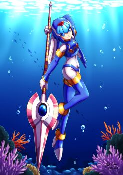 1girl absurdres android armor blue_armor blue_eyes blue_helmet blue_thighhighs commentary coral english_commentary fairy_leviathan_(mega_man) fins forehead_jewel head_fins helmet highres holding holding_polearm holding_weapon humanoid_robot innovator123 mega_man_(series) mega_man_zero_(series) polearm robot robot_girl spear thighhighs underwater water weapon