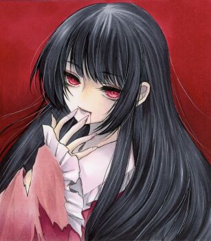 Rule 34 | 1girl, black hair, blood, blood from mouth, closed mouth, collared shirt, commentary request, frilled shirt collar, frilled sleeves, frills, highres, houraisan kaguya, long hair, long sleeves, looking at viewer, marker (medium), pink shirt, red background, red eyes, shirt, smile, solo, torn clothes, torn sleeves, touhou, traditional media, wide sleeves, yuuki hana (jtnp5334)