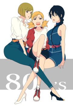 3girls absurdres black_eyes black_hair black_skirt bleach blonde_hair blue_pants braid braided_ponytail breasts brown_eyes commentary_request glasses green_hair hair_over_one_eye high_heels highres jacket kuna_mashiro low_twintails m1gm1gmagnesium medium_breasts miniskirt multiple_girls off_shoulder open_mouth pants red_jacket sarugaki_hiyori shirt shoes short_hair skirt small_breasts sneakers twintails white_shirt yadoumaru_lisa