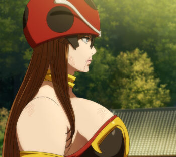 1girl blue_eyes breasts brown_hair electro_wave_human_tackle from_side injury kamen_rider large_breasts long_hair okada_yuriko pink_lips serious sideboob solo stitched third-party_edit toujima_tanzaburou_wa_kamen_rider_ni_naritai