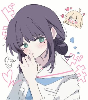 Rule 34 | 2girls, blonde hair, blue neckerchief, blush, chibi, chibi inset, cho kaguya-hime!, closed eyes, closed mouth, commentary, corrupted twitter file, green eyes, hair bun, hand to own mouth, hand up, heart, highres, kaguya (cho kaguya-hime!), looking at viewer, multiple girls, neckerchief, nekooooowo, open mouth, purple hair, sailor collar, sakayori iroha, shirt, short hair, single hair bun, smile, solo focus, symbol-only commentary, translation request, upper body, white background, white shirt