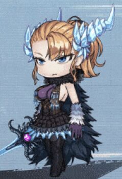 1girl :&lt; :/ animated animated_gif blonde_hair blue_eyes breasts chibi demon_girl full_body high_ponytail holding holding_sword holding_weapon horns large_breasts lilith-soft long_hair looking_ahead pointy_ears ponytail ragnarok_sinmara revealing_clothes shiny_skin simple_background solo standing sword taimanin_(series) taimanin_rpgx weapon wide_hips