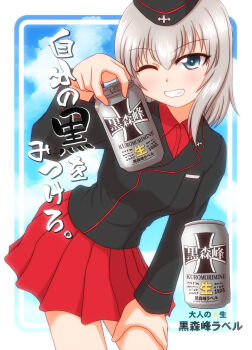 Rule 34 | 1girl, beer can, black jacket, can, commentary request, drink can, fake ad, girls und panzer, grey hair, happy birthday, highres, ishitsu tadashi, itsumi erika, jacket, kuromorimine military uniform, miniskirt, red skirt, skirt, smile, translation request
