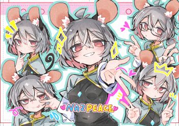 1girl :p abstract_background absurdres ahoge animal_ear_fluff animal_ears antenna_hair bespectacled black_shirt blue_background blue_outline blush breasts capelet closed_mouth commentary_request crossed_bangs crown crystal_necklace deal360acv diamond_(shape) double-parted_bangs double_v english_text glasses gold_trim grey_capelet grey_hair grin hair_between_eyes half-closed_eyes hand_on_own_chin head_tilt heart highres looking_at_viewer medium_breasts medium_hair mouse_ears mouse_girl multiple_views nazrin notice_lines offering_hand outline parted_lips pink_background raised_eyebrow red_eyes shirt short_sleeves smile smirk squiggle sweatdrop tongue tongue_out touhou upper_body v w white_background