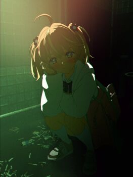 +_+ 1girl 3d ahoge bag bathroom blender_(medium) blonde_hair bow bowtie bright_pupils cel_rendering cigarette cigarette_pack closed_mouth dark expressionless flower full_body green_theme hair_flower hair_ornament hand_on_own_cheek hand_on_own_face hands_up head_rest highres hood hoodie indoors kneehighs looking_at_viewer medium_hair multicolored_eyes multicolored_hair orange_hair pink_eyes purple_eyes rinne_(rinrinne) rinrinne rinrinne39_(artist) school_bag shoes shoulder_bag sneakers socks solo split_mouth squatting streaked_hair two_side_up virtual_youtuber white_hoodie white_pupils