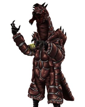 beak bleeding blood claws commentary curled_fingers dorako feet_out_of_frame glowing glowing_eyes hands_up head_spikes highres horns injury kaiju legs_apart looking_ahead monster monster_focus no_humans open_mouth red_eyes red_scales sharp_teeth shoulder_spikes simple_background single_horn solo spikes standing tail teeth tokusatsu ultra_series ultraman:_the_ultimate_hero ultrataku white_background yellow_blood