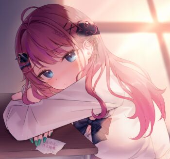 1girl ahoge blue_eyes blush bow bowtie breasts cleavage closed_mouth commentary_request dress_shirt from_side hair_ornament hair_scrunchie hairclip highres kuramochi_meruto kuramochi_meruto_(school_uniform) large_breasts leaning_on_table long_hair long_sleeves looking_at_viewer looking_to_the_side nail_polish neit_ni_sei nijisanji pink_hair raised_eyebrow scrunchie shirt solo table upper_body virtual_youtuber white_shirt