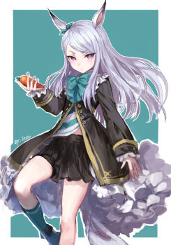 1girl animal_ears black_coat black_skirt border bow bowtie buttons carrot closed_mouth coat commentary_request ear_bow green_background green_bow green_bowtie green_socks holding holding_carrot horse_ears horse_girl irua kneehighs long_hair long_sleeves looking_at_viewer mejiro_mcqueen_(frontline_elegance)_(umamusume) mejiro_mcqueen_(umamusume) official_artist_extra outside_border pleated_skirt purple_eyes purple_hair skirt socks solo standing standing_on_one_leg umamusume v-shaped_eyebrows white_border