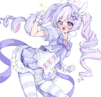 1girl @_@ blue_archive blush bow dress drill_hair gloves halo highres long_hair metaljelly multicolored_hair official_alternate_costume open_mouth pantyhose pink_hair puffy_short_sleeves puffy_sleeves purple_hair purple_pantyhose reisa_(blue_archive) reisa_(magical)_(blue_archive) short_hair short_sleeves simple_background solo twin_drills twintails two-tone_hair very_long_hair white_background white_gloves white_wrist_cuffs wrist_cuffs