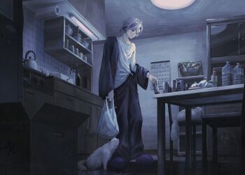 1boy absurdres alternate_costume bag black_jacket black_pants bottle ca_mei calendar_(object) can canned_coffee cat ceiling_light chair closed_mouth cupboard drink_can full_body fuwa_minato glasses grey_hair hair_between_eyes hashtag-only_commentary highres holding holding_bag holding_can indoors jacket kettle long_sleeves male_focus multicolored_hair nijisanji open_clothes open_jacket pants parted_bangs plastic_bag ponytail purple_eyes purple_slippers shirt short_ponytail slippers solo standing streaked_hair table tile_wall tiles virtual_youtuber water_bottle white_shirt