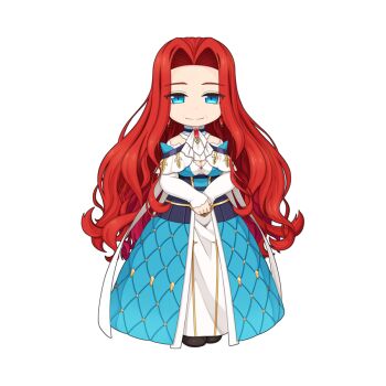 1girl aurelie_petit_issgard black_shoes blue_dress blue_eyes chibi chibi_only closed_mouth curtained_hair dress full_body long_dress long_hair looking_at_viewer official_art ragnarok_online red_hair shoes simple_background smile smile_lines solo transparent_background very_long_hair white_sleeves yuichirou
