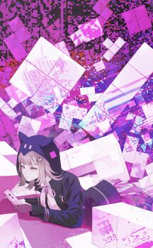 1girl animal_ears blood breasts brown_hair collared_shirt danganronpa_(series) danganronpa_2:_goodbye_despair fake_animal_ears flipped_hair hair_ornament handheld_game_console highres holding holding_handheld_game_console hood hood_up jacket long_sleeves lying medium_hair nanami_chiaki neck_ribbon on_stomach open_clothes open_jacket pink_blood pink_eyes pink_ribbon ribbon rou3ou shirt skirt solo tetris white_shirt