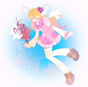 &gt;_&lt; 1girl 1other :d armband black_gloves blonde_hair blue_background blush_stickers bow bowtie brown_shoes clock closed_eyes coat dante_(limbus_company) deformed don_quixote_(project_moon) e.g.o_(project_moon) flaming_head full_body gloves hair_ornament heart heart_hair_ornament highres in_the_name_of_love_and_hate_(e.g.o) limbus_company long_hair long_sleeves looking_at_another object_head open_mouth orange_armband pink_bow pink_bowtie pink_garter_straps pink_nails pink_skirt pink_vest project_moon red_coat shoes simple_background skirt smile standing thighhighs two_side_up vest white_thighhighs yesheng_zong_ren