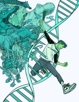 1boy animal bear beast_boy_(dc) bird black_dress colored_skin dc_comics dinosaur dna dress fish gabriel_picolo gabriel_picolo_(artist) giraffe goat green_hair green_skin hair_ornament happy jaguar monkey mouse multiple_animals octopus pointy_ears rabbit smile snake teen_titans turtle zebra