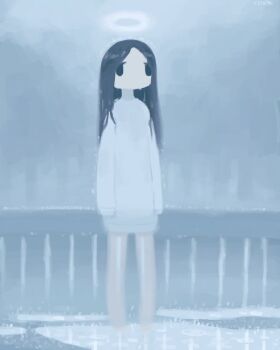 1girl artist_name barefoot black_eyes black_hair blank_eyes commentary glowing glowing_halo halo highres kurohanenone long_hair no_mouth no_pants original outdoors puddle rain see-through_body sweater wet wet_clothes wet_hair white_sweater