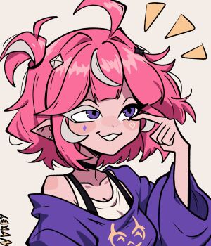 Rule 34 | 1girl, ahoge, alternate costume, artist name, black choker, blush, blush stickers, breasts, camila (vtuber), casual, choker, cleavage, collarbone, colored eyelashes, commentary, diamond-shaped pupils, diamond (shape), dice hair ornament, earrings, english commentary, eyelashes, hair ornament, highres, indie virtual youtuber, jewelry, mismatched eyelashes, multicolored hair, notice lines, pink hair, pointy ears, portrait, purple eyes, purple sweater, shirt, short hair, sidelocks, simple background, single bare shoulder, smile, solo, sweater, symbol-shaped pupils, two-tone hair, two side up, virtual youtuber, white background, white hair, white shirt, yekun (nukey)