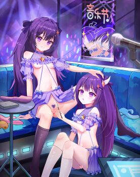 absurdres artist_request bare_shoulders black_socks breasts censored chinese_commentary closed_mouth clothing_cutout commentary_request commission dildo embarrassed female_pubic_hair frilled_shrug hair_ornament hair_ribbon hairclip heart heart_censor highres holding indoors kneehighs long_hair looking_at_viewer matching_outfits microphone navel nipples no_bra no_panties on_bench original parallel_hairclips pink_pupils pink_ribbon poster_(object) pubic_hair purple_eyes purple_hair purple_shrug purple_skirt raised_inner_eyebrows revealing_clothes ribbon second-party_source sex_toy shaving shaving_crotch short_sleeves shoulder_cutout shrug_(clothing) siblings sitting skirt small_breasts socks spread_legs star_(symbol) star_hair_ornament stomach twins wavy_mouth white_socks