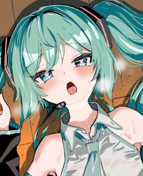 1girl absurdres aqua_eyes aqua_hair aqua_necktie commentary_request detached_sleeves hatsune_miku headset heart heart-shaped_pupils heavy_breathing highres lying mushi_gyouza necktie on_back open_mouth portrait shirt sleeveless sleeveless_shirt solo sweat symbol-shaped_pupils tongue tongue_out torogao twintails vocaloid wet wet_clothes wet_shirt