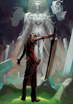 Rule 34 | 1boy, 1other, arm tattoo, chuuou higashiguchi, coat, commentary request, dagger, full body, gloves, grey hair, highres, holding, holding sword, holding weapon, knife, kusarigama, male focus, original, pillar, red coat, sickle, sleeveless, sleeveless coat, solo, standing, sword, tattoo, weapon