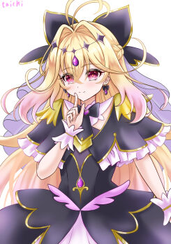 Rule 34 | 1girl, antenna hair, black bow, black capelet, black dress, blonde hair, blush, bow, bow earrings, braid, brooch, capelet, closed mouth, commentary, cowboy shot, crossed bangs, cure arcana shadow, dot nose, dress, earrings, finger to mouth, frilled capelet, frills, gradient hair, hair between eyes, hair bow, hair intakes, heart, heart brooch, highres, jewelry, layered dress, long hair, magical girl, meitantei precure!, moria luluka, multicolored hair, pink hair, precure, purple eyes, purple veil, shushing, simple background, smile, solo, split mouth, standing, taichi8882, veil, white background, white wrist cuffs, wrist cuffs