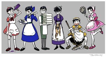 6+boys :&lt; :3 animal apron artist_name bags_under_eyes blue_bow blue_dress bottle bow brothers cat commentary_request crossdressing crossdressing_(mtf) cup dress drinking_glass duster embroidery feather_duster full_body glasses green_dress highres holding holding_animal holding_bottle holding_cat holding_cup holding_mop holding_unworn_clothes korean_commentary leg_hair maid maid_headdress male_maid mary_janes matsuno_choromatsu matsuno_ichimatsu matsuno_jyushimatsu matsuno_karamatsu matsuno_osomatsu matsuno_todomatsu mop multiple_boys one_eye_closed open_mouth osomatsu-san osomatsu_(series) pink_dress pink_shoes puffy_short_sleeves puffy_sleeves purple_dress red_bow red_dress red_footwear shoes short_hair short_sleeves siblings socks tamtamdi waist_apron white_apron white_socks wine_bottle wine_glass yellow_dress