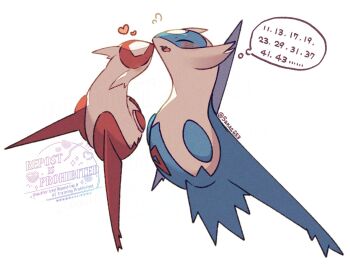 blush closed_eyes closed_mouth commentary_request dragon full_body gen_3_pokemon heart latias latios legendary_pokemon nintendo no_humans open_mouth pokemon pokemon_(creature) pokemon_focus sana_(sanaa653) smile speech_bubble wings