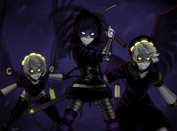 1boy 2girls android arm_blade armband black_hairband black_hat black_jacket closed_mouth fur_trim grey_hair hairband hat highres holding holding_weapon horizontal-striped_socks humanoid_robot jacket looking_at_viewer m4skedboi machine mechanical_arms mechanical_legs multiple_girls murder_drones n_(murder_drones) open_mouth purple_eyes purple_hair purple_socks robot rocket_boots short-sleeved_jacket short_hair short_sleeves smile socks tail two-tone_hat uzi_(murder_drones) v_(murder_drones) weapon white_hair wings yellow_armband yellow_eyes